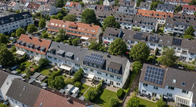 Aerial drone view of typical German residential neighborhood with mixed roof types, red and dark roof tiles, gardens visible, sunny day