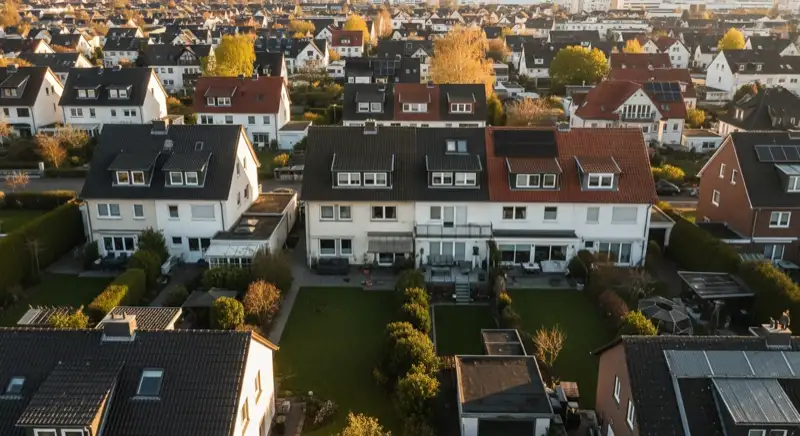 Aerial drone view of typical German residential neighborhood with mixed roof types, red and dark roof tiles, gardens visible, sunny day