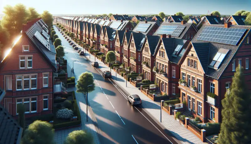 Siedlungshäuser in Duisburg mit Solaranlagen auf den Dächern