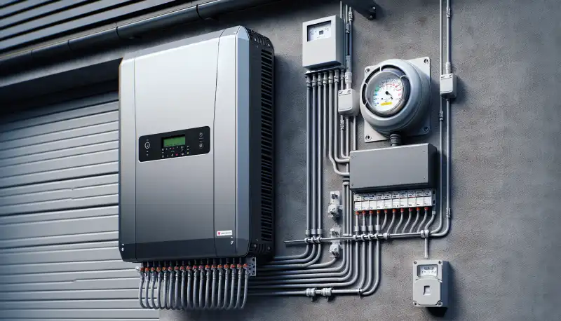 Moderner Wechselrichter einer PV Anlage an einer Garagenwand in Duisburg