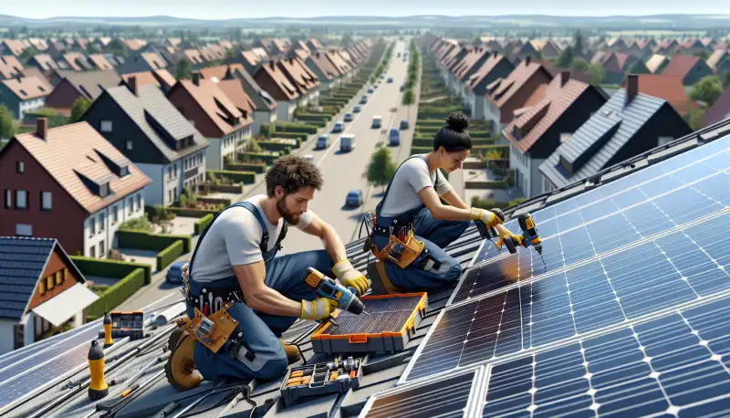 Solarinstallateure bei der Montage einer PV Anlage auf einem Duisburger Hausdach