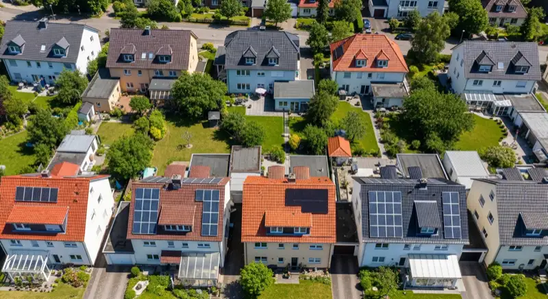 Aerial drone view of typical German residential neighborhood with mixed roof types, red and dark roof tiles, gardens visible, sunny day