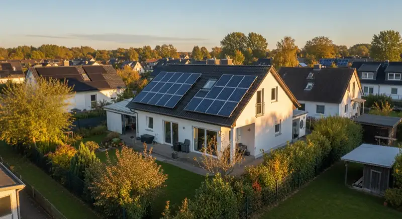 German detached house (Einfamilienhaus) with photovoltaic panels on pitched roof, well-maintained garden, warm afternoon sunlight