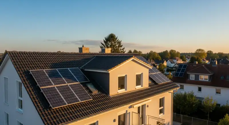 PV-Dach auf einem Einfamilienhaus bei klarer Sonne in Eberswalde
