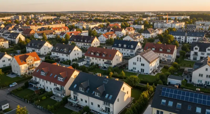 Aerial drone view of typical German residential neighborhood with mixed roof types, red and dark roof tiles, gardens visible, sunny day