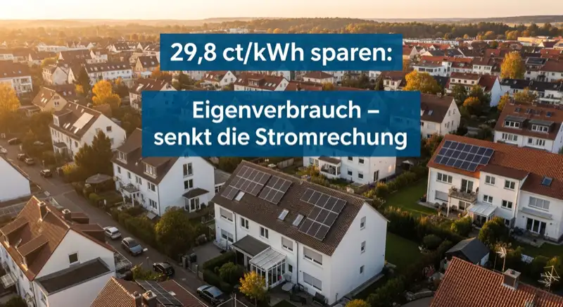 Aerial drone view of typical German residential neighborhood with mixed roof types, red and dark roof tiles, gardens visible, sunny day