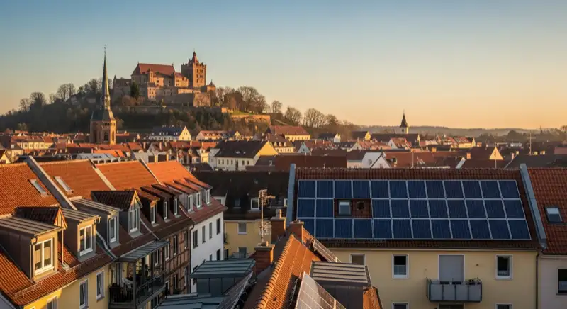 Geneigte Dächer in Eisenach mit Blick zur Wartburg