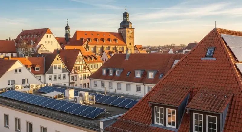 Historische Dachlandschaft in Eisenach mit roten Ziegeldächern und Altstadtgebäuden