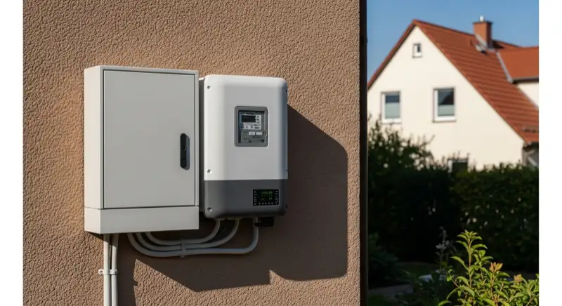 Modern German electrical meter cabinet (Zählerschrank) with smart meter and solar inverter connection, clean technical installation