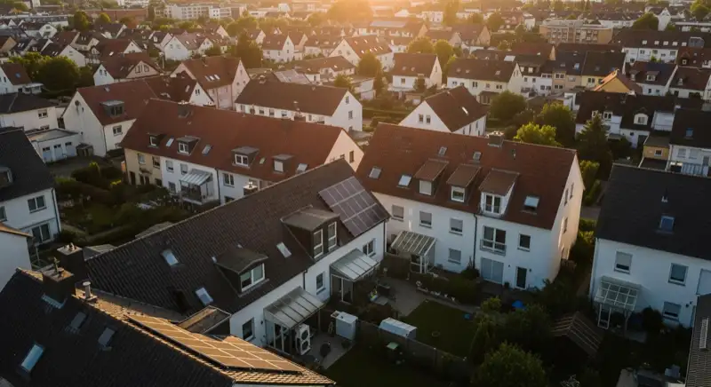 Aerial drone view of typical German residential neighborhood with mixed roof types, red and dark roof tiles, gardens visible, sunny day