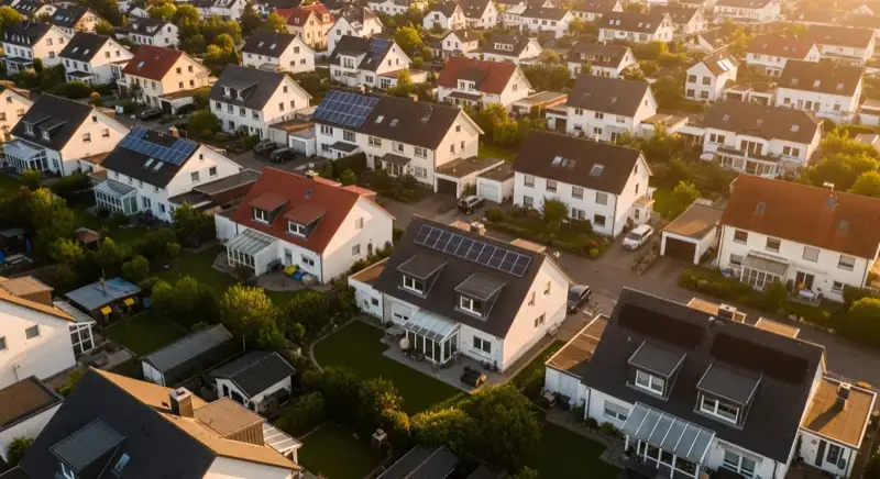 Aerial drone view of typical German residential neighborhood with mixed roof types, red and dark roof tiles, gardens visible, sunny day