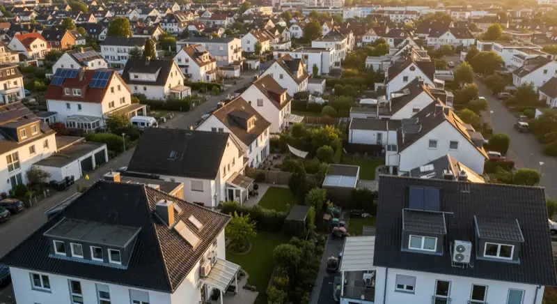 Aerial drone view of typical German residential neighborhood with mixed roof types, red and dark roof tiles, gardens visible, sunny day