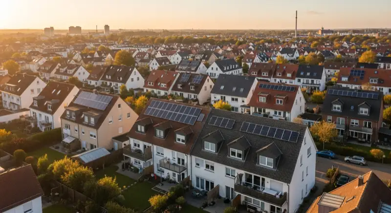 Aerial drone view of typical German residential neighborhood with mixed roof types, red and dark roof tiles, gardens visible, sunny day