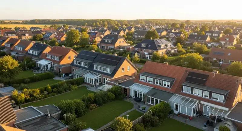Aerial drone view of typical German residential neighborhood with mixed roof types, red and dark roof tiles, gardens visible, sunny day