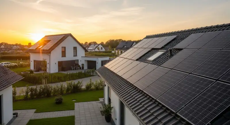 Moderne Einfamilienhäuser mit Solaranlage in Emder Neubaugebiet Larrelt bei Sonnenschein