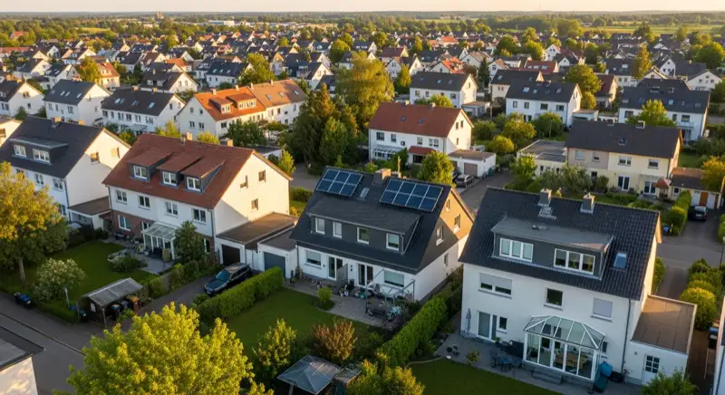 Aerial drone view of typical German residential neighborhood with mixed roof types, red and dark roof tiles, gardens visible, sunny day