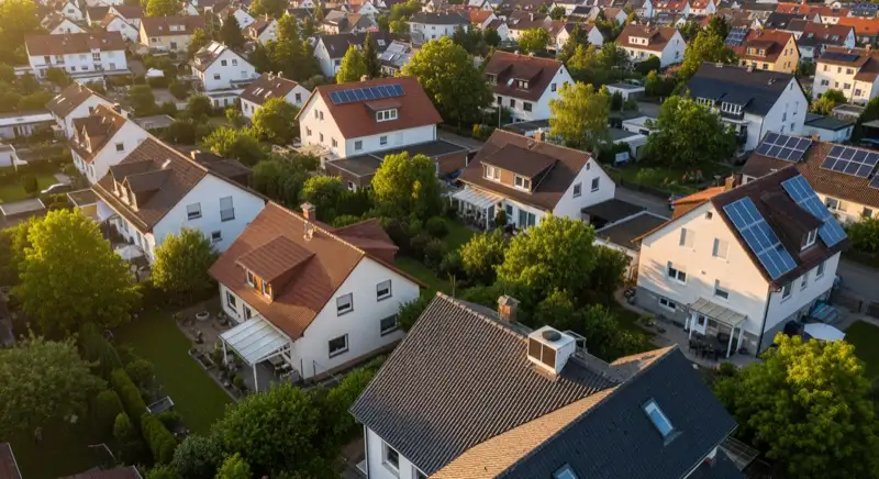 Aerial drone view of typical German residential neighborhood with mixed roof types, red and dark roof tiles, gardens visible, sunny day
