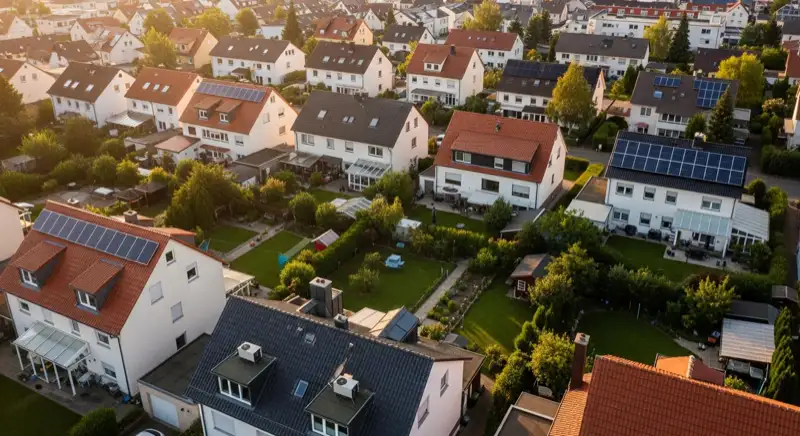 Aerial drone view of typical German residential neighborhood with mixed roof types, red and dark roof tiles, gardens visible, sunny day