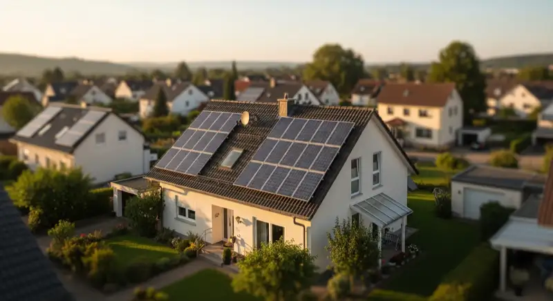 Einfamilienhaus mit Photovoltaikanlage auf dem Dach in einem Erfurter Vorort, umgeben von Grünflächen
