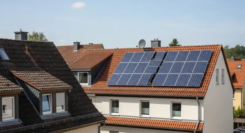Solarteur bei Wartungsarbeiten auf Dach mit PV-Anlage in Erfurt