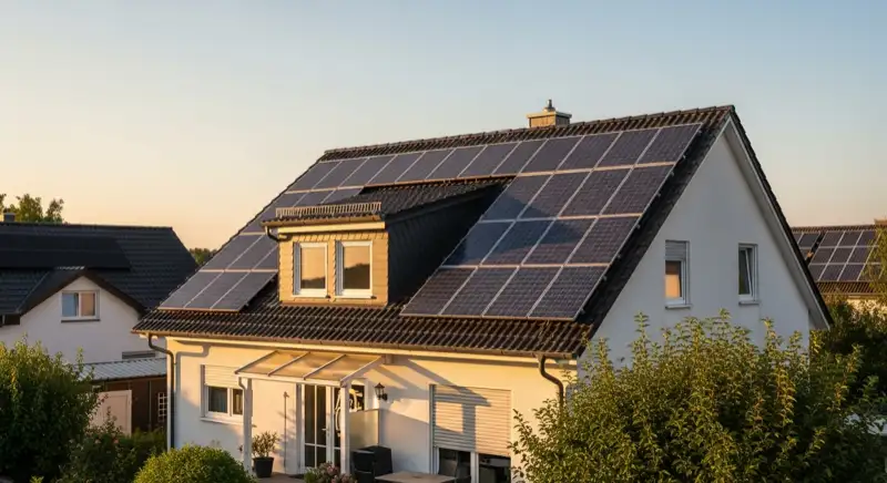 Einfamilienhaus mit Solaranlage auf dem Dach in einem Wohngebiet von Erkelenz