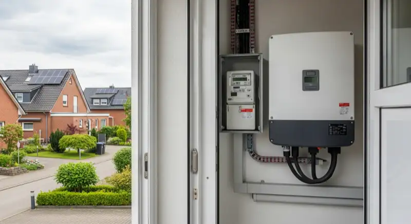 Modern German electrical meter cabinet (Zählerschrank) with smart meter and solar inverter connection, clean technical installation