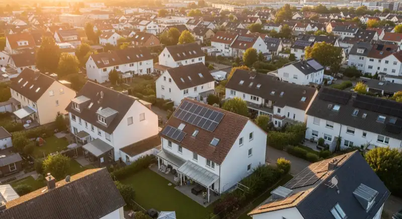 Aerial drone view of typical German residential neighborhood with mixed roof types, red and dark roof tiles, gardens visible, sunny day