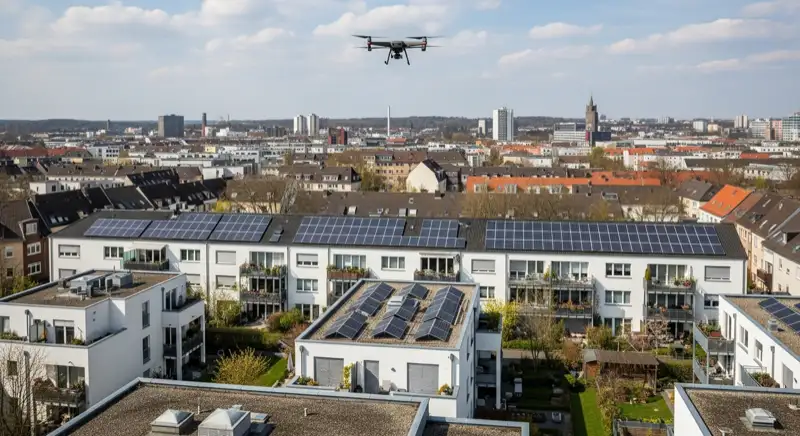 Panoramablick über Essen mit Solardächern in verschiedenen Stadtteilen