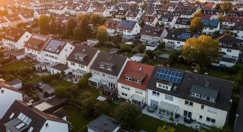 Aerial drone view of typical German residential neighborhood with mixed roof types, red and dark roof tiles, gardens visible, sunny day