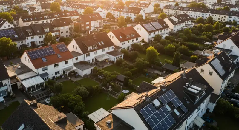 Aerial drone view of typical German residential neighborhood with mixed roof types, red and dark roof tiles, gardens visible, sunny day