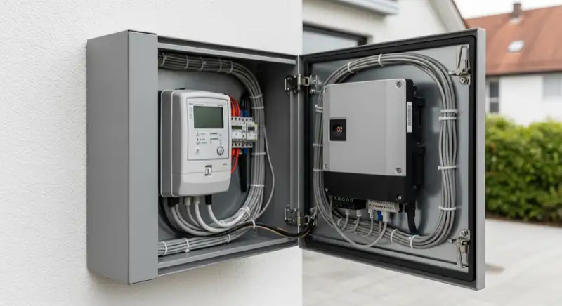 Modern German electrical meter cabinet (Zählerschrank) with smart meter and solar inverter connection, clean technical installation