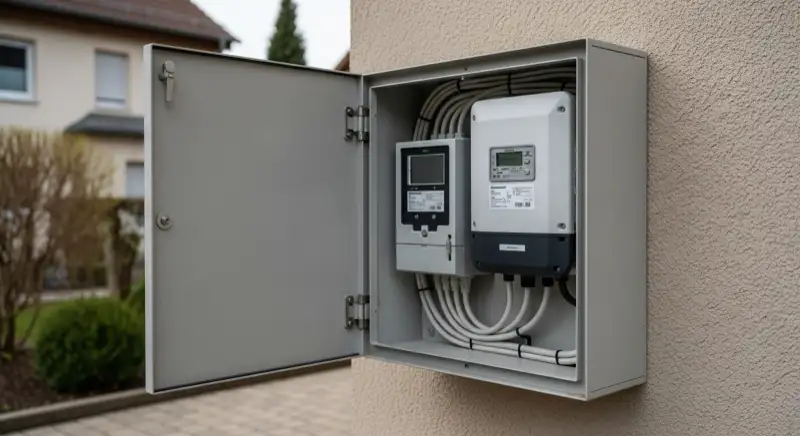 Modern German electrical meter cabinet (Zählerschrank) with smart meter and solar inverter connection, clean technical installation