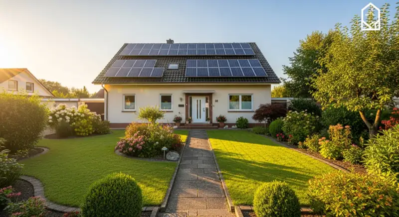 German detached house (Einfamilienhaus) with photovoltaic panels on pitched roof, well-maintained garden, warm afternoon sunlight
