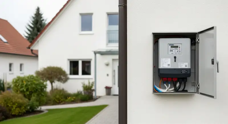 Modern German electrical meter cabinet (Zählerschrank) with smart meter and solar inverter connection, clean technical installation