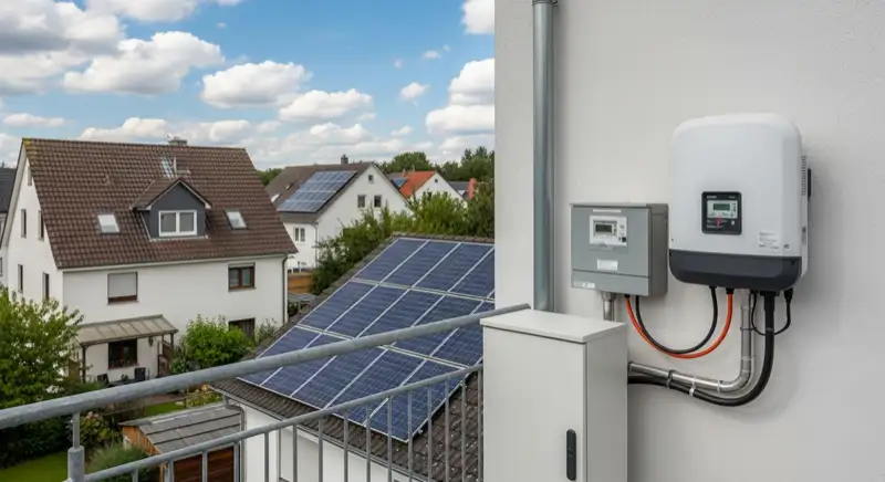 Modern German electrical meter cabinet (Zählerschrank) with smart meter and solar inverter connection, clean technical installation