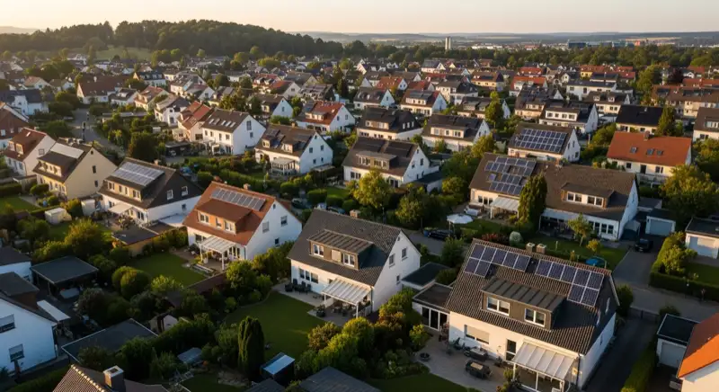 Aerial drone view of typical German residential neighborhood with mixed roof types, red and dark roof tiles, gardens visible, sunny day