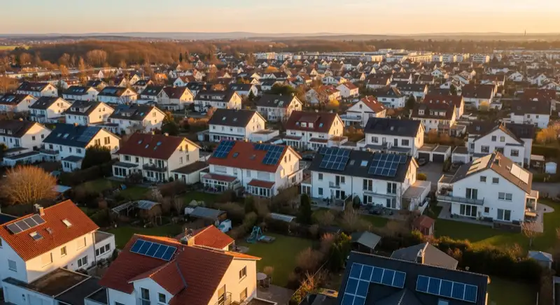 Aerial drone view of typical German residential neighborhood with mixed roof types, red and dark roof tiles, gardens visible, sunny day