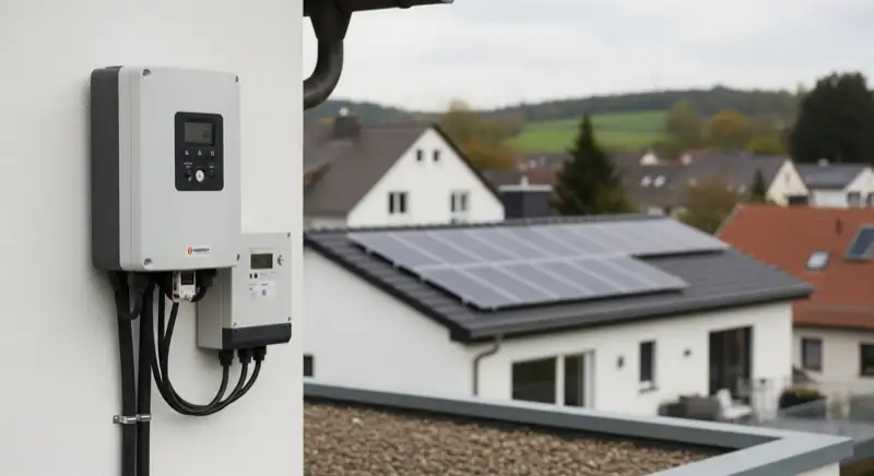 Modern German electrical meter cabinet (Zählerschrank) with smart meter and solar inverter connection, clean technical installation