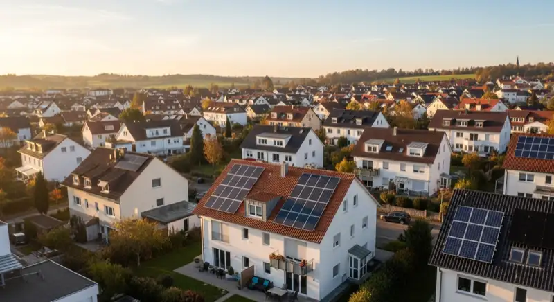 Aerial drone view of typical German residential neighborhood with mixed roof types, red and dark roof tiles, gardens visible, sunny day