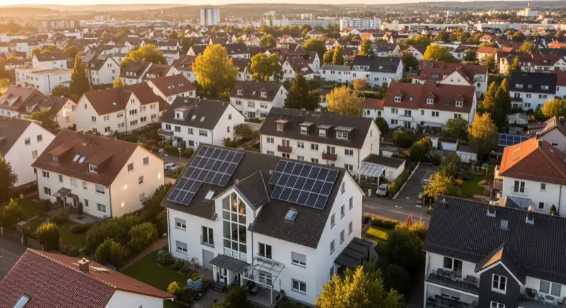 Aerial drone view of typical German residential neighborhood with mixed roof types, red and dark roof tiles, gardens visible, sunny day