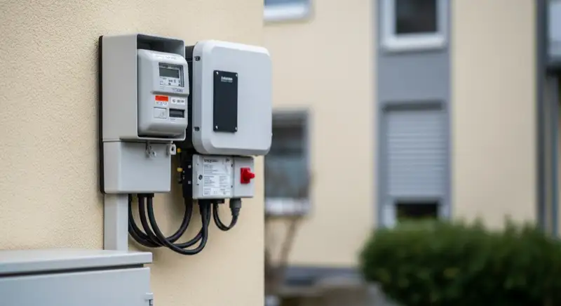 Modern German electrical meter cabinet (Zählerschrank) with smart meter and solar inverter connection, clean technical installation