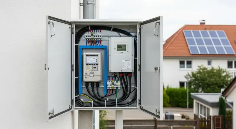 Modern German electrical meter cabinet (Zählerschrank) with smart meter and solar inverter connection, clean technical installation
