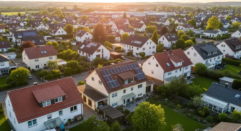 Aerial drone view of typical German residential neighborhood with mixed roof types, red and dark roof tiles, gardens visible, sunny day