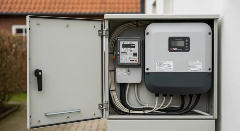 Modern German electrical meter cabinet (Zählerschrank) with smart meter and solar inverter connection, clean technical installation