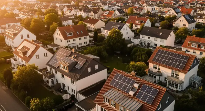 Aerial drone view of typical German residential neighborhood with mixed roof types, red and dark roof tiles, gardens visible, sunny day