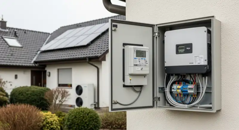 Modern German electrical meter cabinet (Zählerschrank) with smart meter and solar inverter connection, clean technical installation