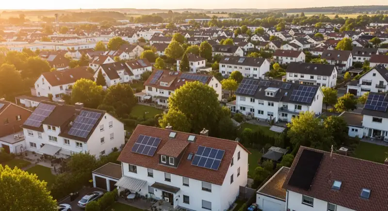 Aerial drone view of typical German residential neighborhood with mixed roof types, red and dark roof tiles, gardens visible, sunny day