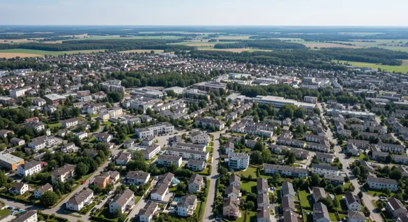 Aerial drone view of typical German residential neighborhood with mixed roof types, red and dark roof tiles, gardens visible, sunny day