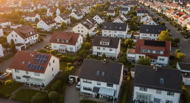 Aerial drone view of typical German residential neighborhood with mixed roof types, red and dark roof tiles, gardens visible, sunny day