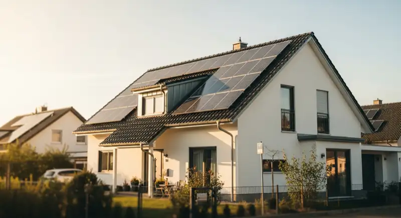 Einfamilienhaus in Frechen mit moderner PV-Anlage auf Satteldach bei Sonnenschein